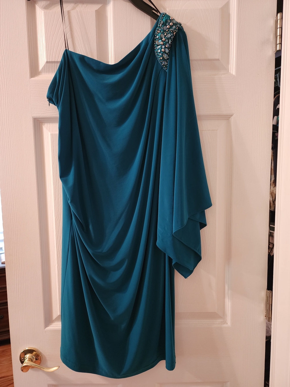 R&M Richards Teal One-Shoulder Draped Dress with Beaded Shoulder